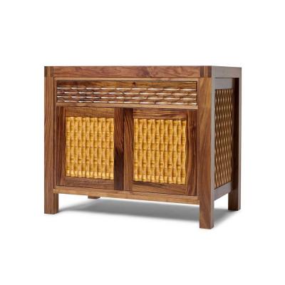 Midcentury modern fluted walnut cabinet with bamboo insets
