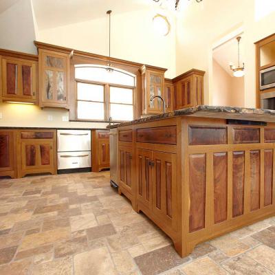 wide view of a oak and walnut Arts & Crafts kitchen