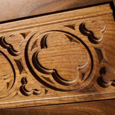 walnut carved drawer Gothic style close-up detail